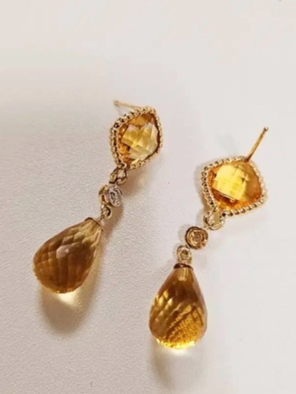 14k Citrine Drop Earrings - Elegant Yellow Gem Dangle With Small Diamonds